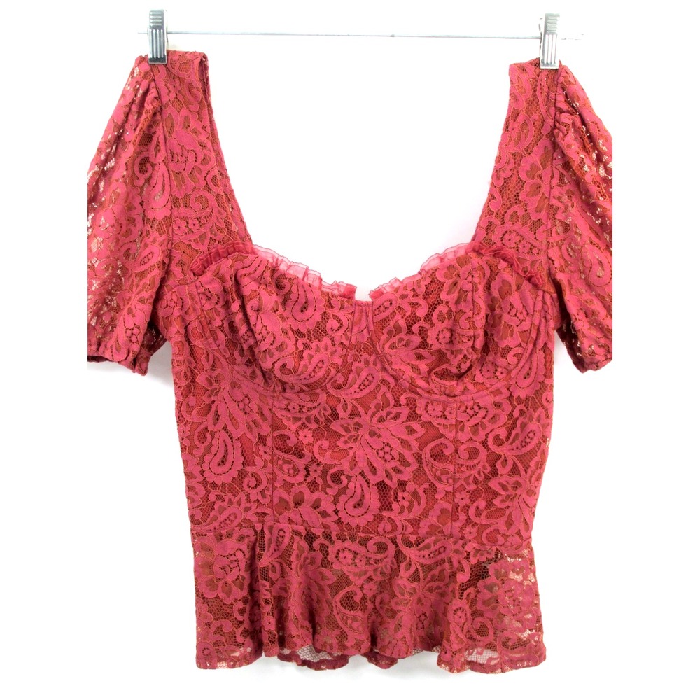 Haute Monde Rose Pink Lace Peplum Blouse XL Ruffle Puff Sleeve Fairy Core
